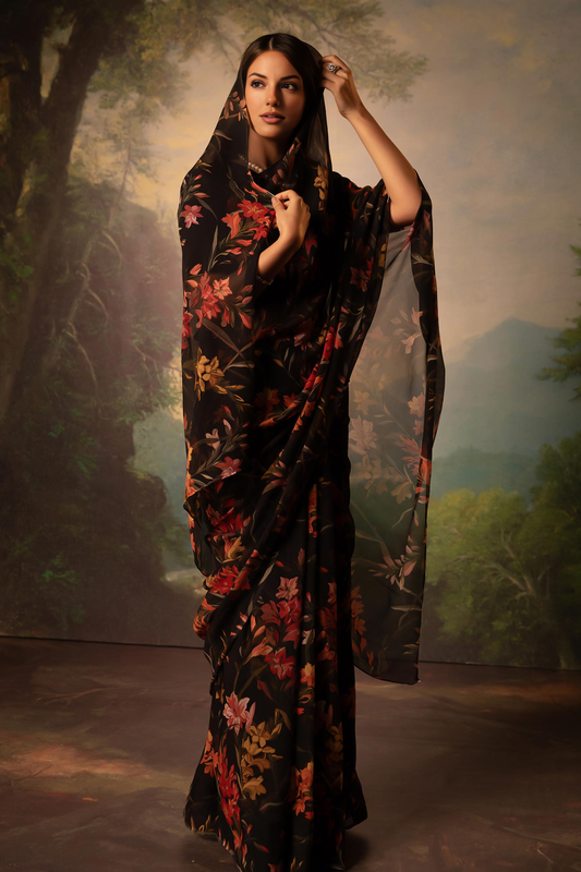 Black Floral Silk Blend Saree