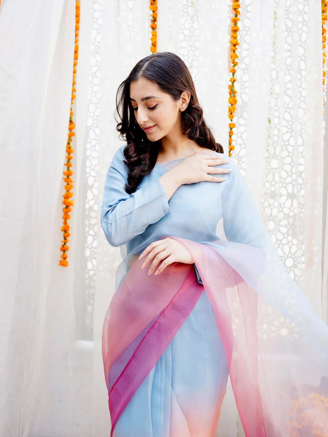 Blue to Pink Coral Ombre Organza Saree – Dreamy Designer Drape with Unstitched Blouse