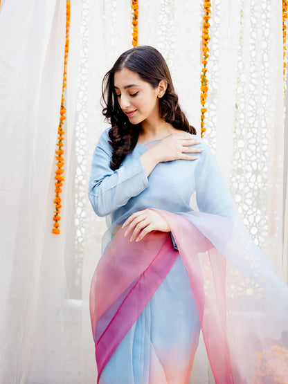 Blue to Pink Coral Ombre Organza Saree – Dreamy Designer Drape with Unstitched Blouse