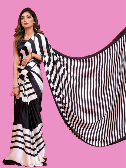Bold Black & White Striped Satin Silk Saree - Contemporary Designer Drape