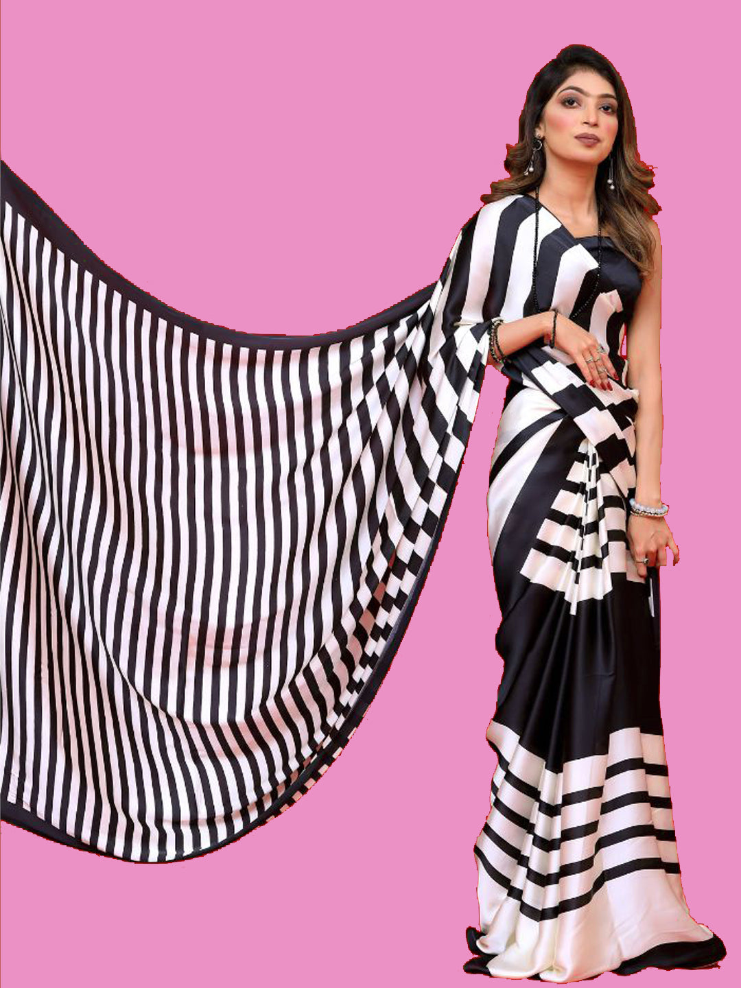 Bold Black & White Striped Satin Silk Saree - Contemporary Designer Drape