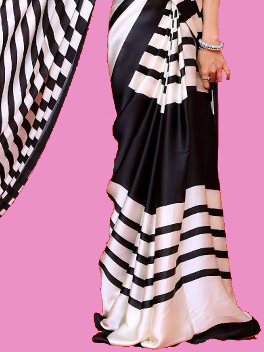 Bold Black & White Striped Satin Silk Saree - Contemporary Designer Drape