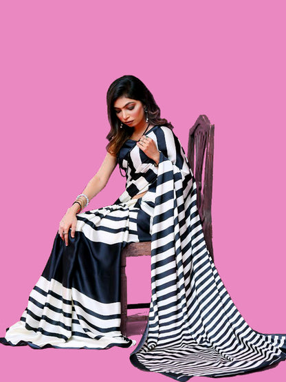 Bold Black & White Striped Satin Silk Saree - Contemporary Designer Drape