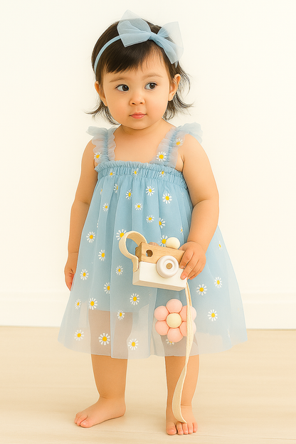 Adorable Blue Net Tulle Baby Dress with Daisy Print - Princess Party Frock