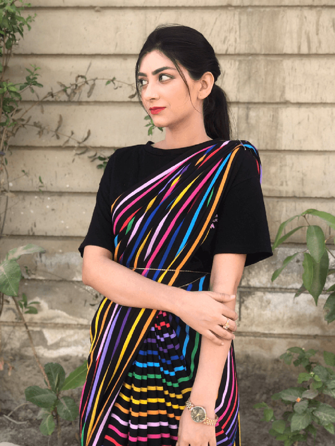 Multicolor Striped Saree on Black Base – Bold Silk Blend Partywear for Women