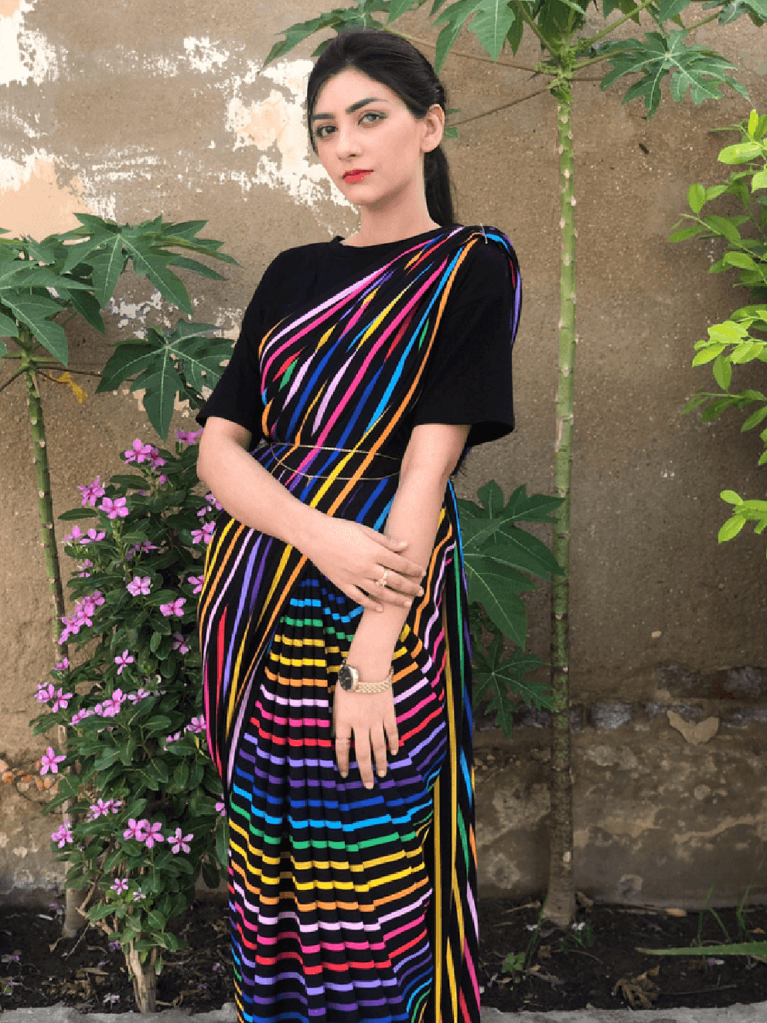 Multicolor Striped Saree on Black Base – Bold Silk Blend Partywear for Women