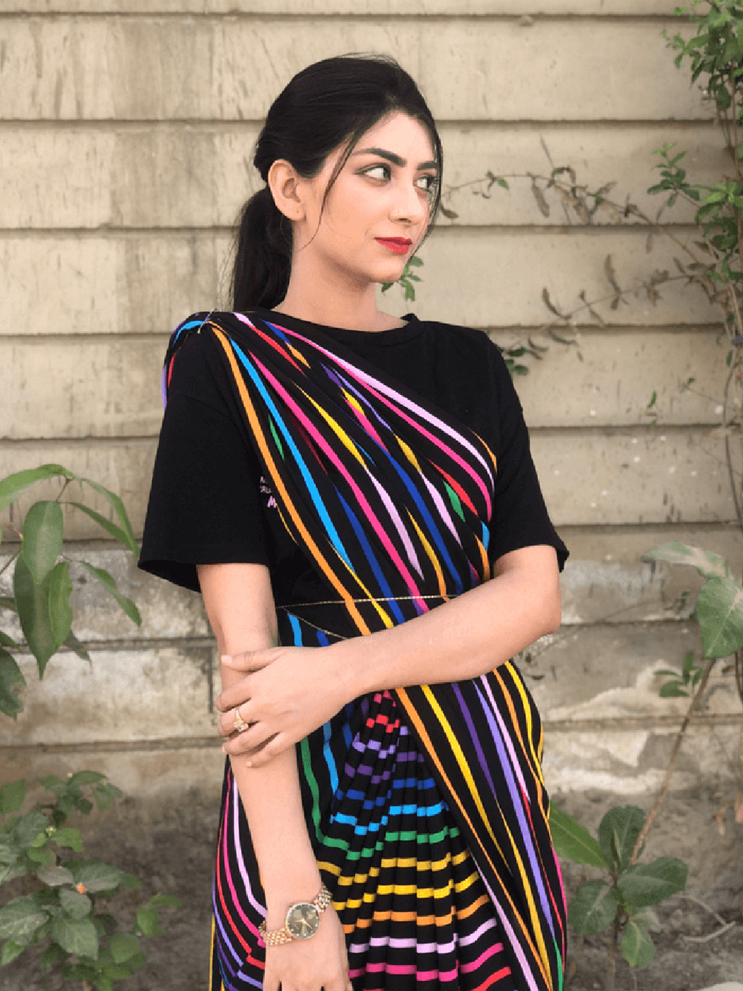 Multicolor Striped Saree on Black Base – Bold Silk Blend Partywear for Women