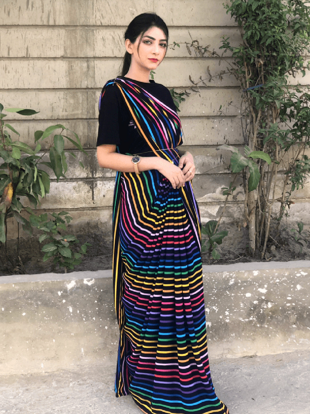 Multicolor Striped Saree on Black Base – Bold Silk Blend Partywear for Women