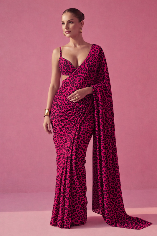 Hot Pink Leopard Printed Silk Blend Saree