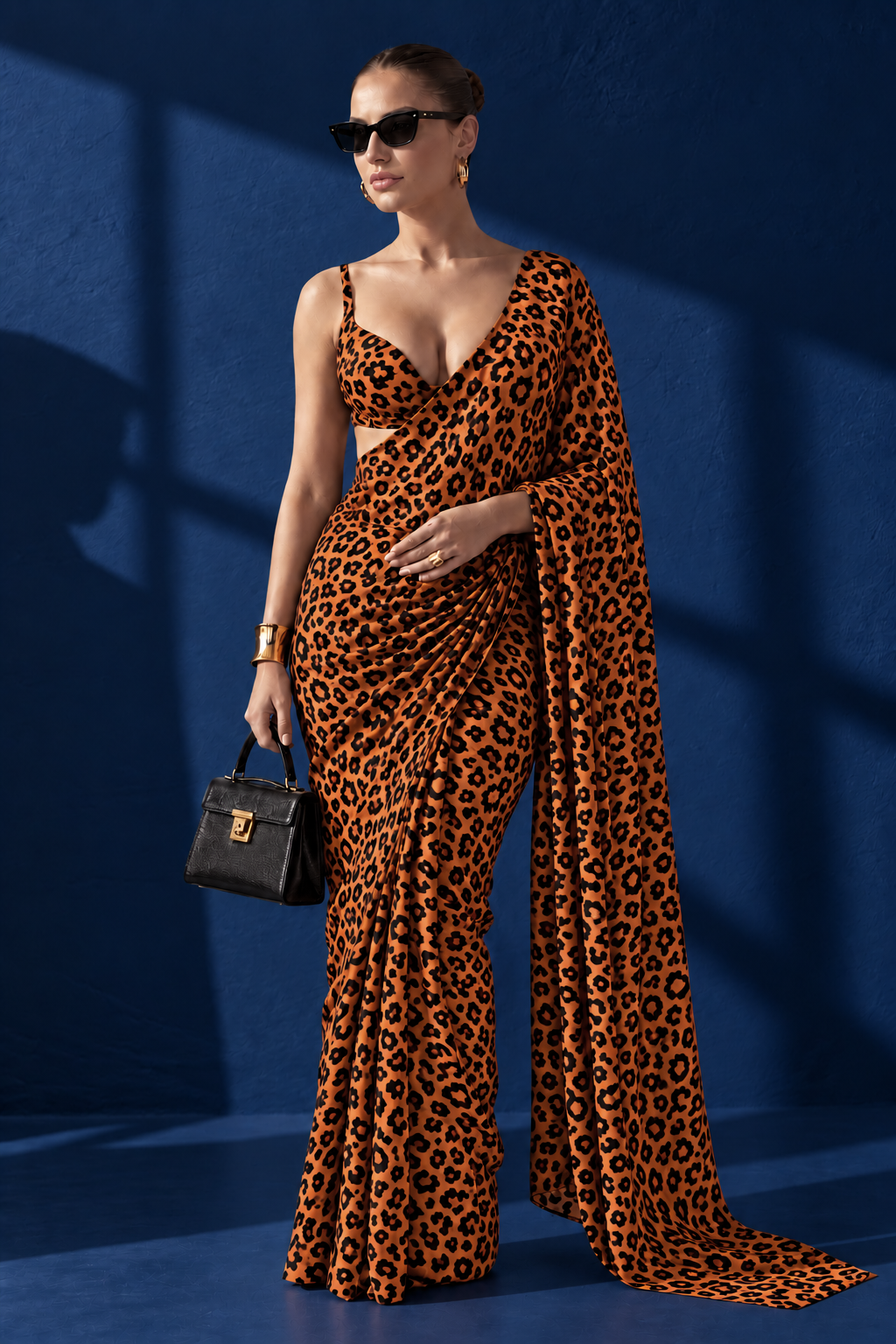 Wild Orange Leopard Silk Blend Saree