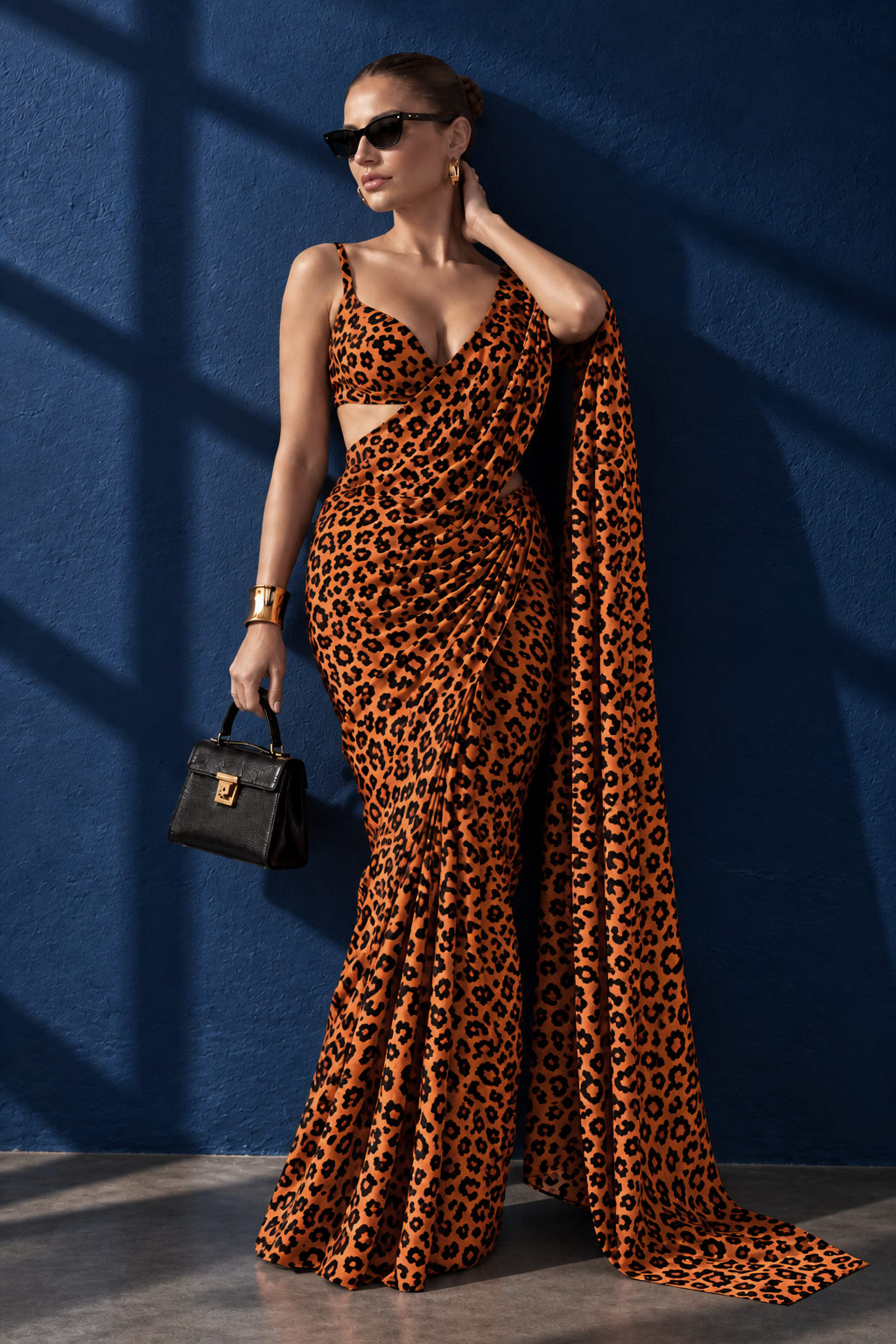 Wild Orange Leopard Silk Blend Saree