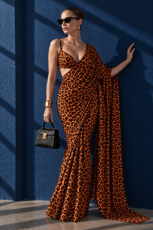 Wild Orange Leopard Silk Blend Saree