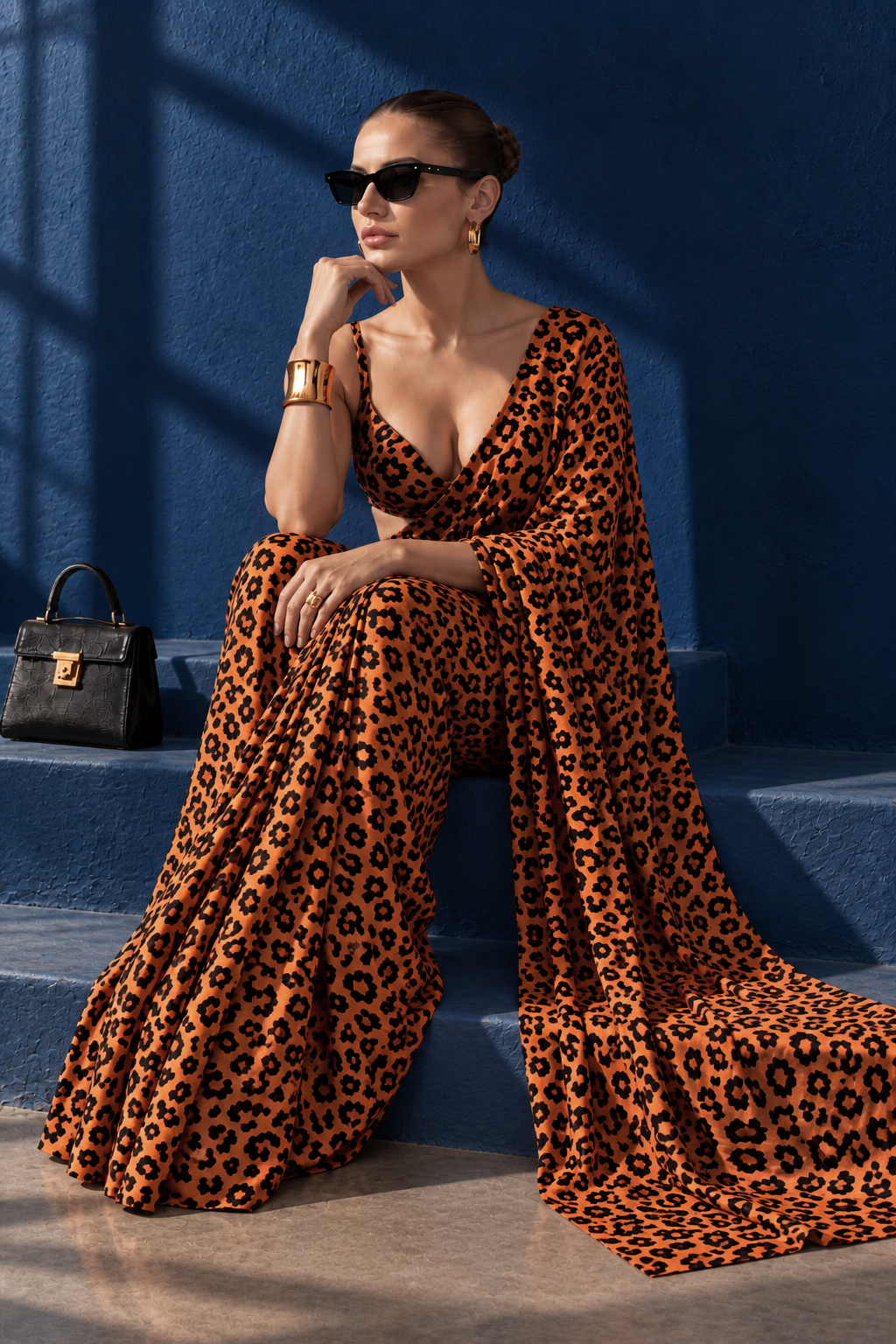 Wild Orange Leopard Silk Blend Saree