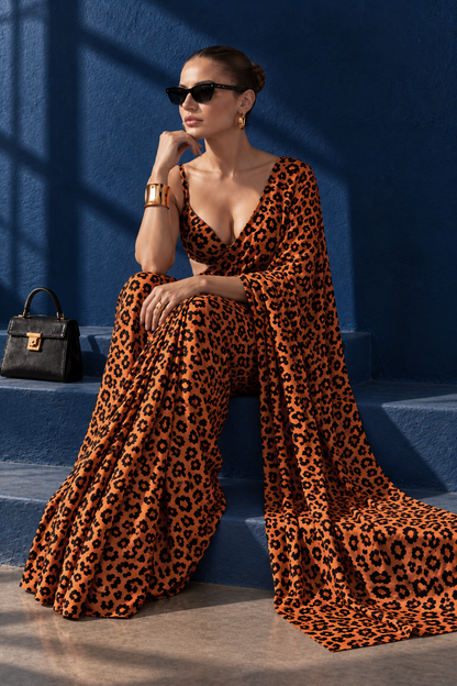 Wild Orange Leopard Silk Blend Saree