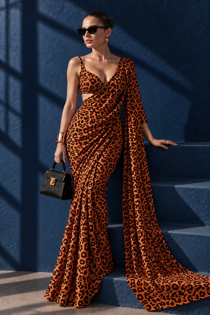 Wild Orange Leopard Silk Blend Saree