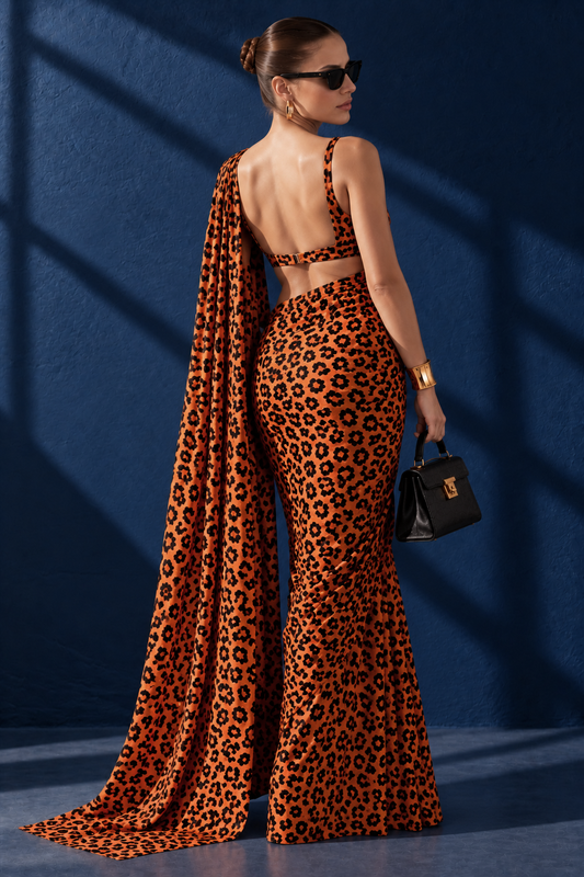 Wild Orange Leopard Silk Blend Saree