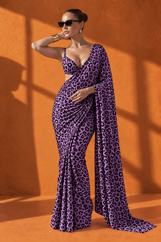 Purple Leopard Print Silk Blend Saree