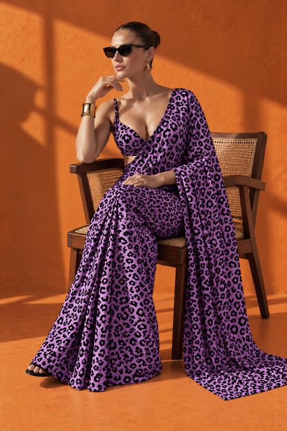 Purple Leopard Print Silk Blend Saree