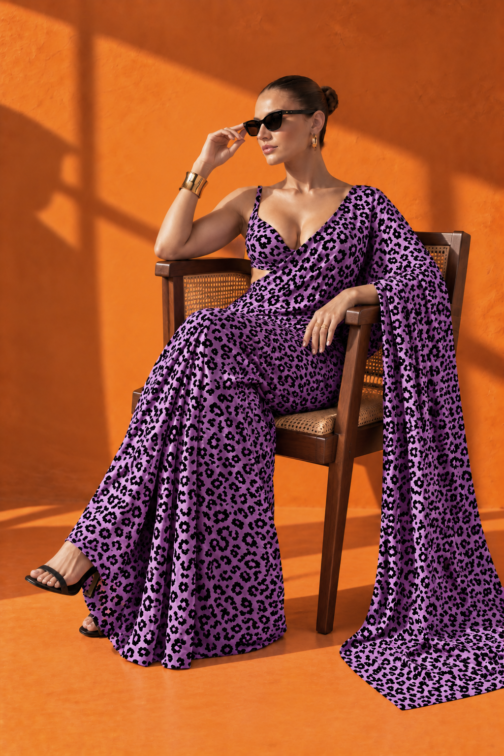 Purple Leopard Print Silk Blend Saree