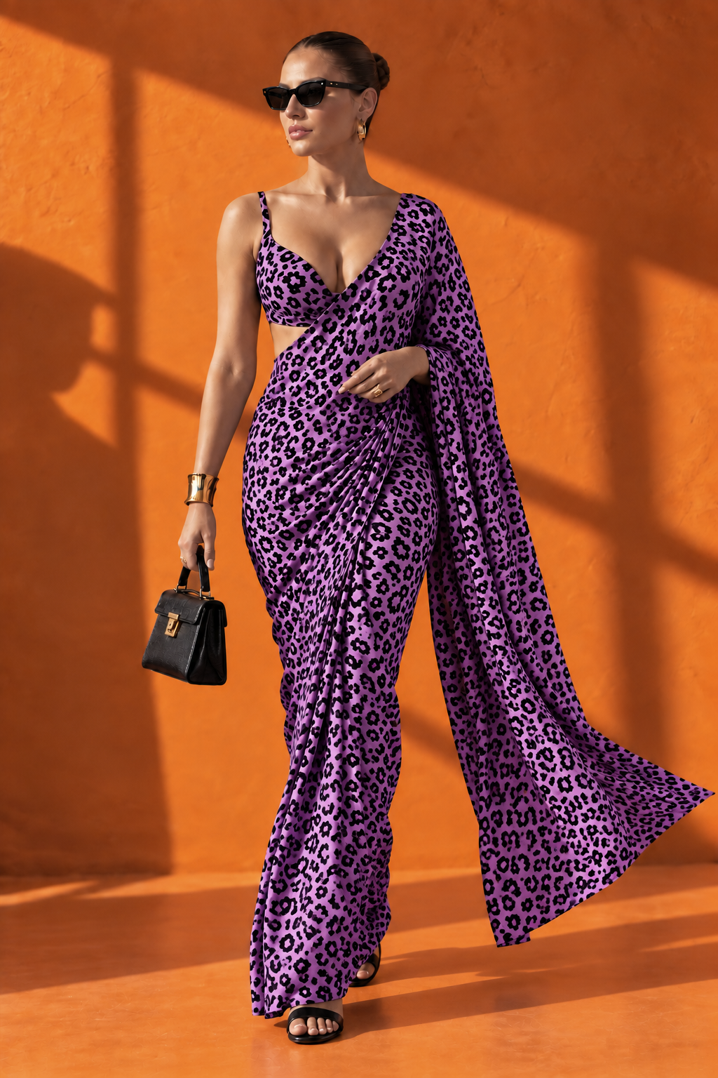Purple Leopard Print Silk Blend Saree