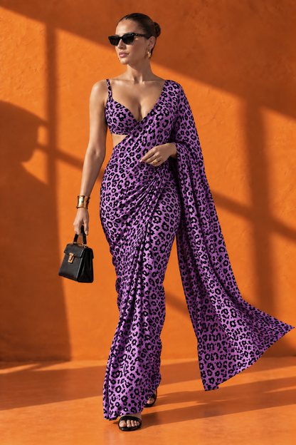 Purple Leopard Print Silk Blend Saree