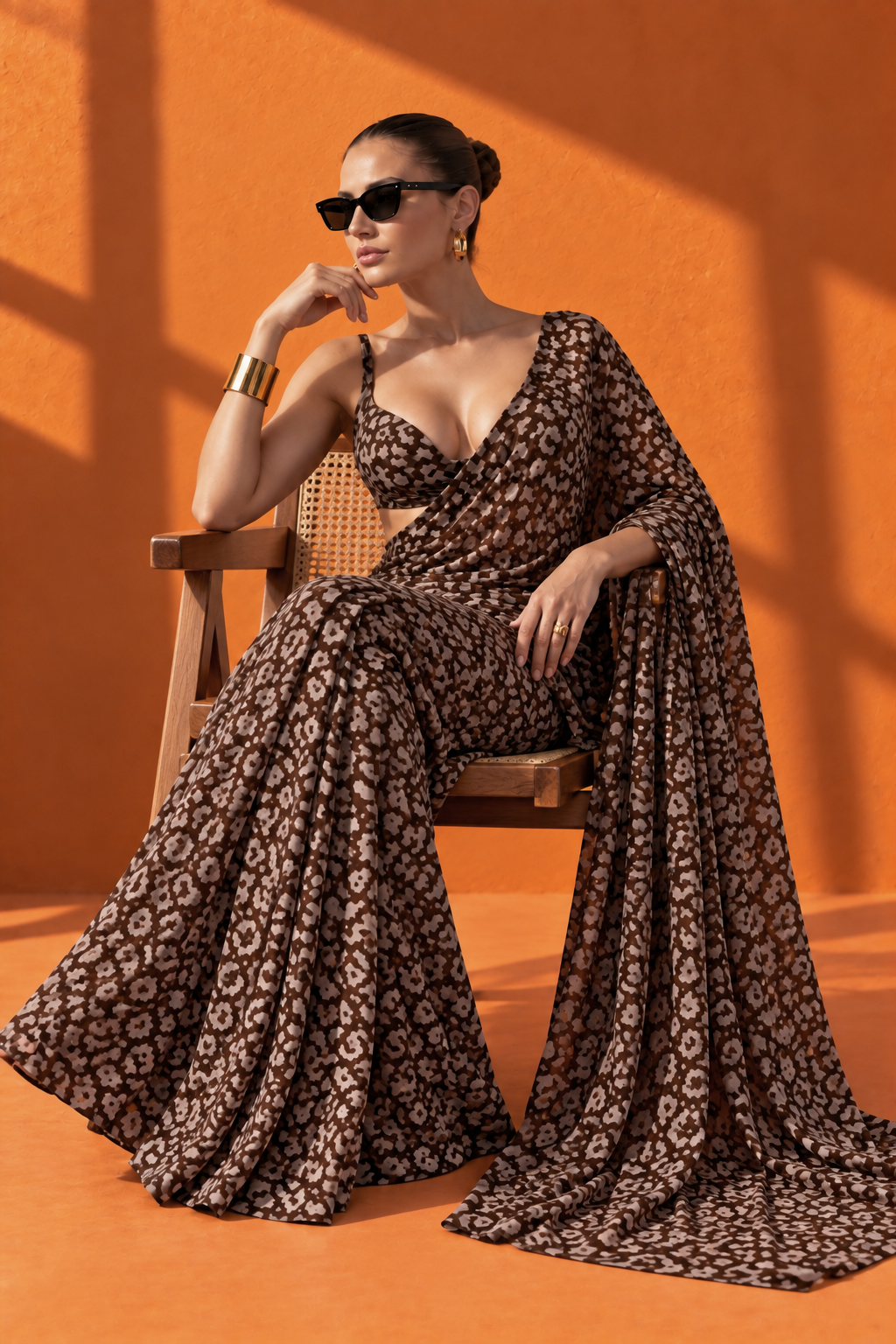 Chocolate Leopard Print Silk Blend Saree
