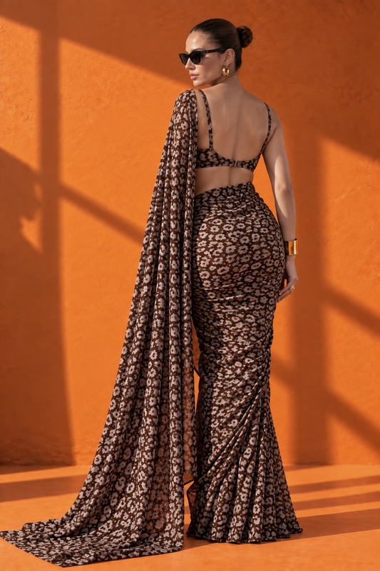 Chocolate Leopard Print Silk Blend Saree