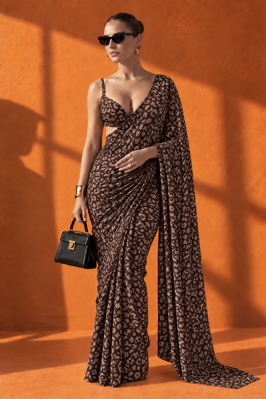 Chocolate Leopard Print Silk Blend Saree