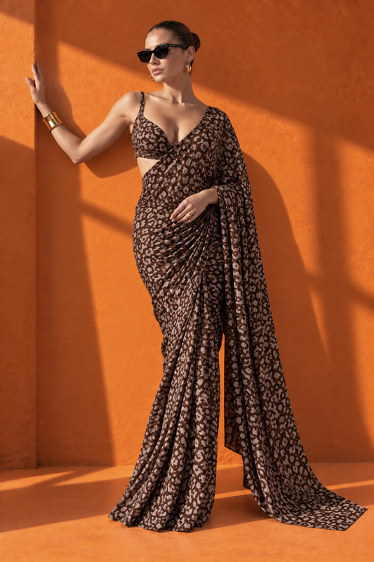 Chocolate Leopard Print Silk Blend Saree