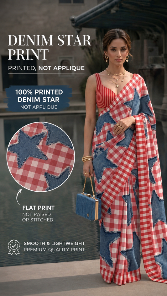 Printed Denim Star Gingham Silk Blend Saree– (Printed, Not Appliqué)