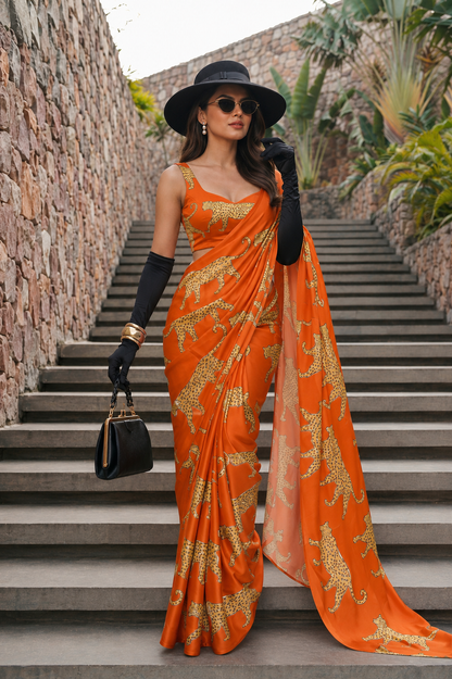 Spice Orange Cheetah Print Silk Blend Saree