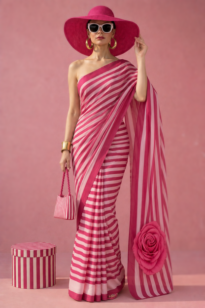 Striped Hot Pink Rose Silk Blend Saree