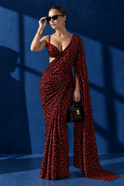 Red Dark Leopard Print Silk Blend Saree