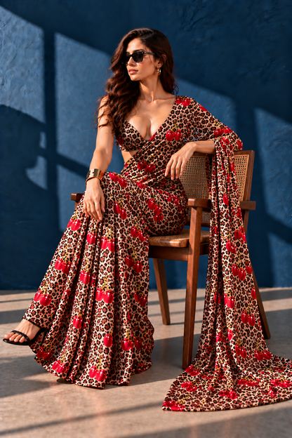 Cherry Pop Leopard Print Silk Blend Saree