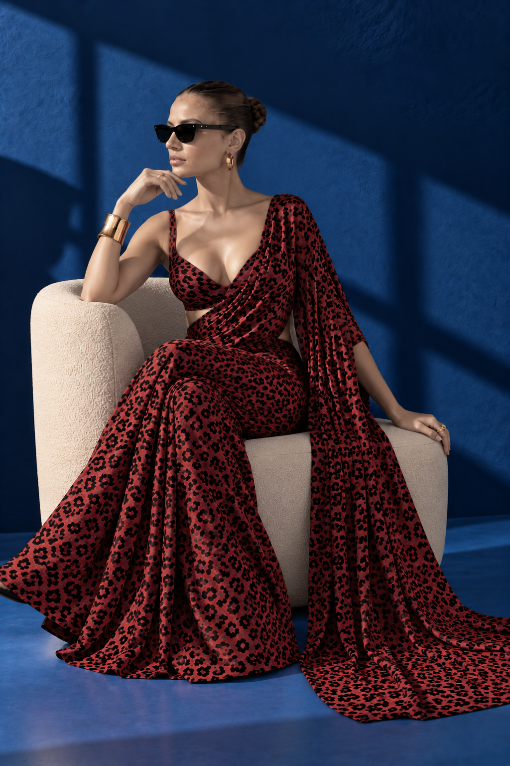 Red Dark Leopard Print Silk Blend Saree