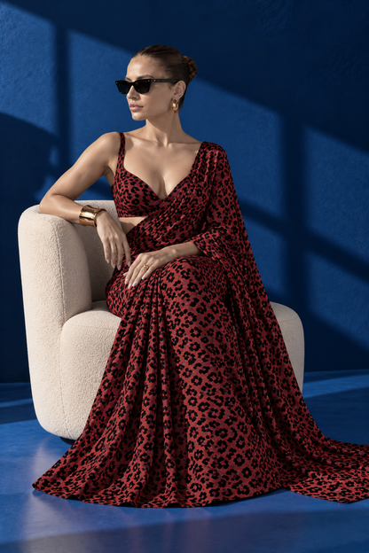 Red Dark Leopard Print Silk Blend Saree