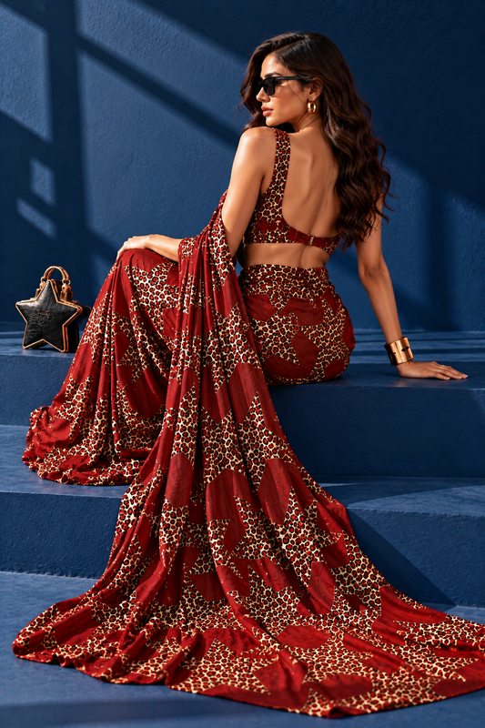 Red Scarlet Star Leopard Print Silk Blend Saree