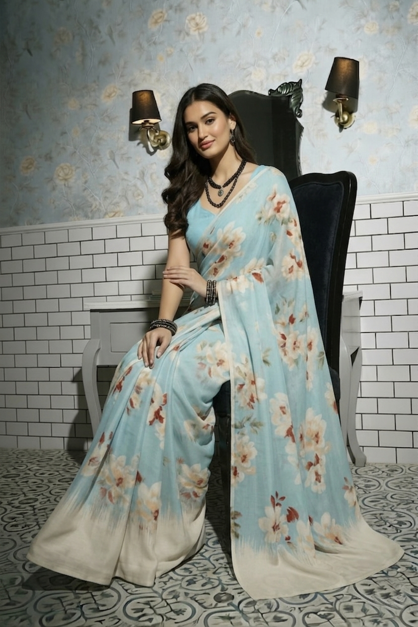 Bluebell Garden Powder Blue Floral Silk Blend Saree