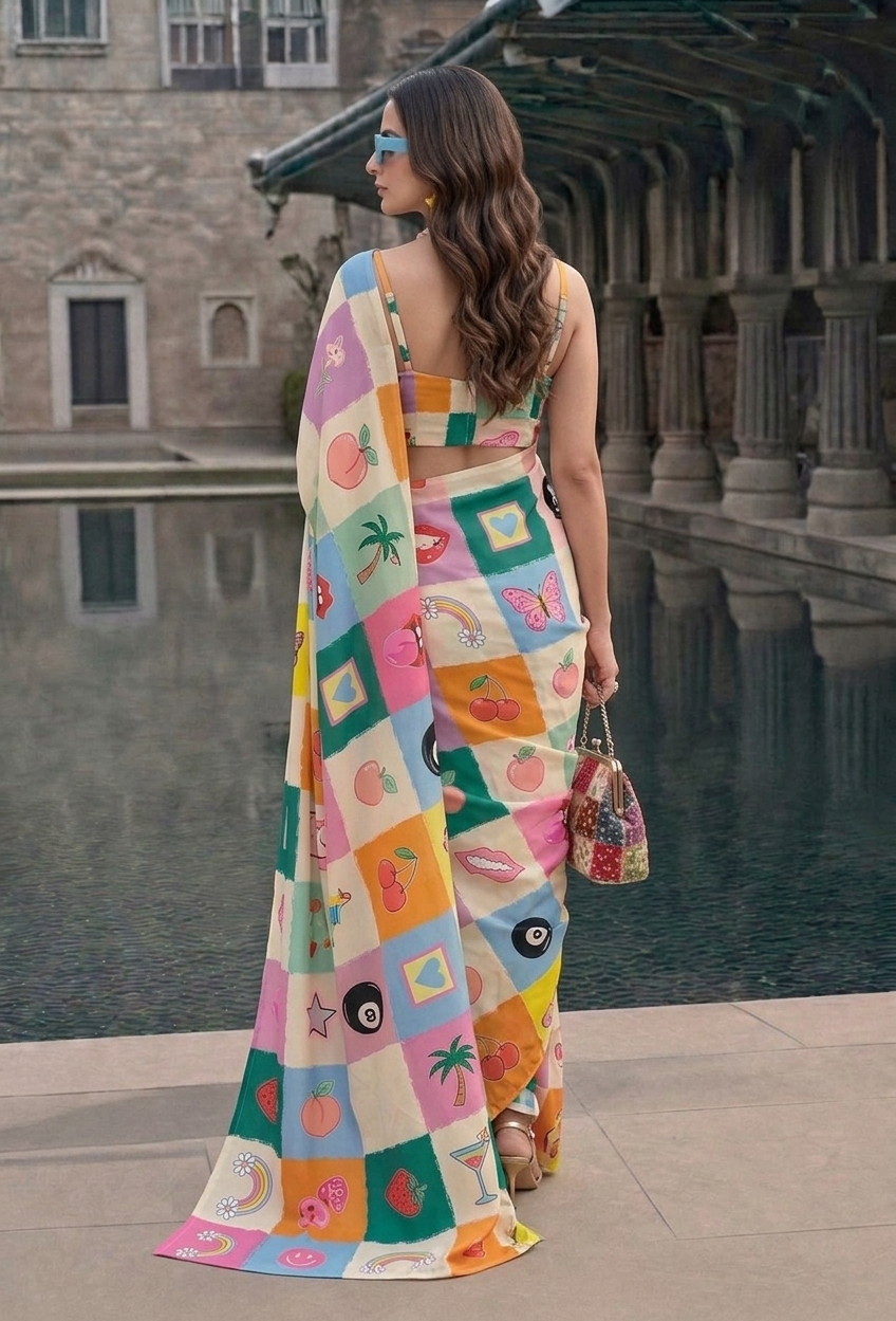 Pop Art Patchwork Printed Silk Blend Saree