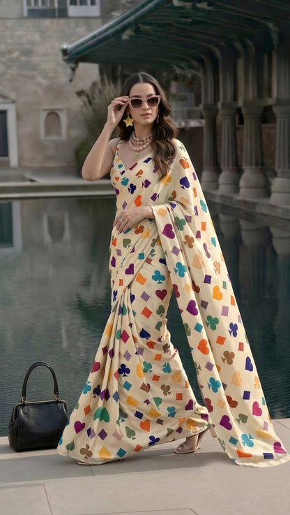 Trendy Poker Cards Print Saree | Modern Designer Saree for Women