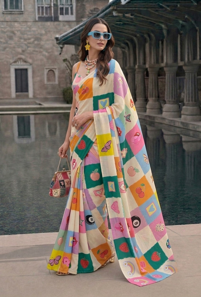 Pop Art Patchwork Printed Silk Blend Saree
