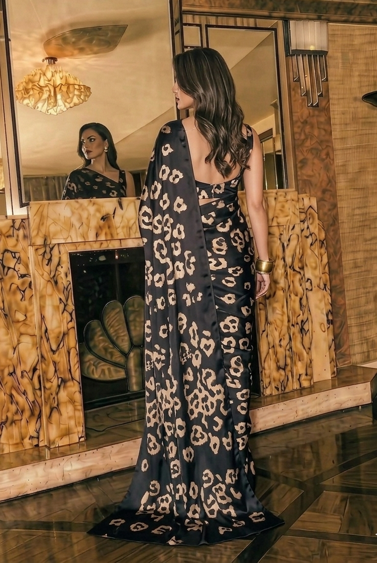 Midnight Leopard Print Silk Blend Saree