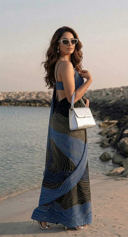 Midnight Blue Wave Print Silk Blend Saree