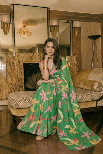 Green Floral Silk Blend Saree
