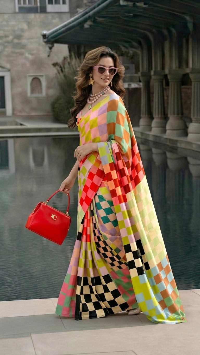 Multicolour Checkered Silk Blend Saree
