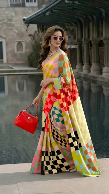 Multicolour Checkered Silk Blend Saree