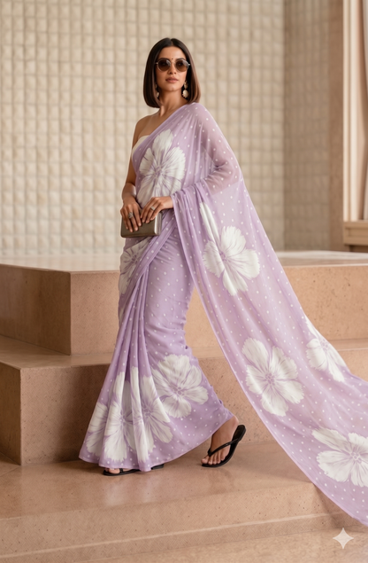 Lavender Floral & Polka Dot Georgette Saree