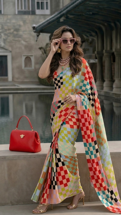 Multicolour Checkered Silk Blend Saree