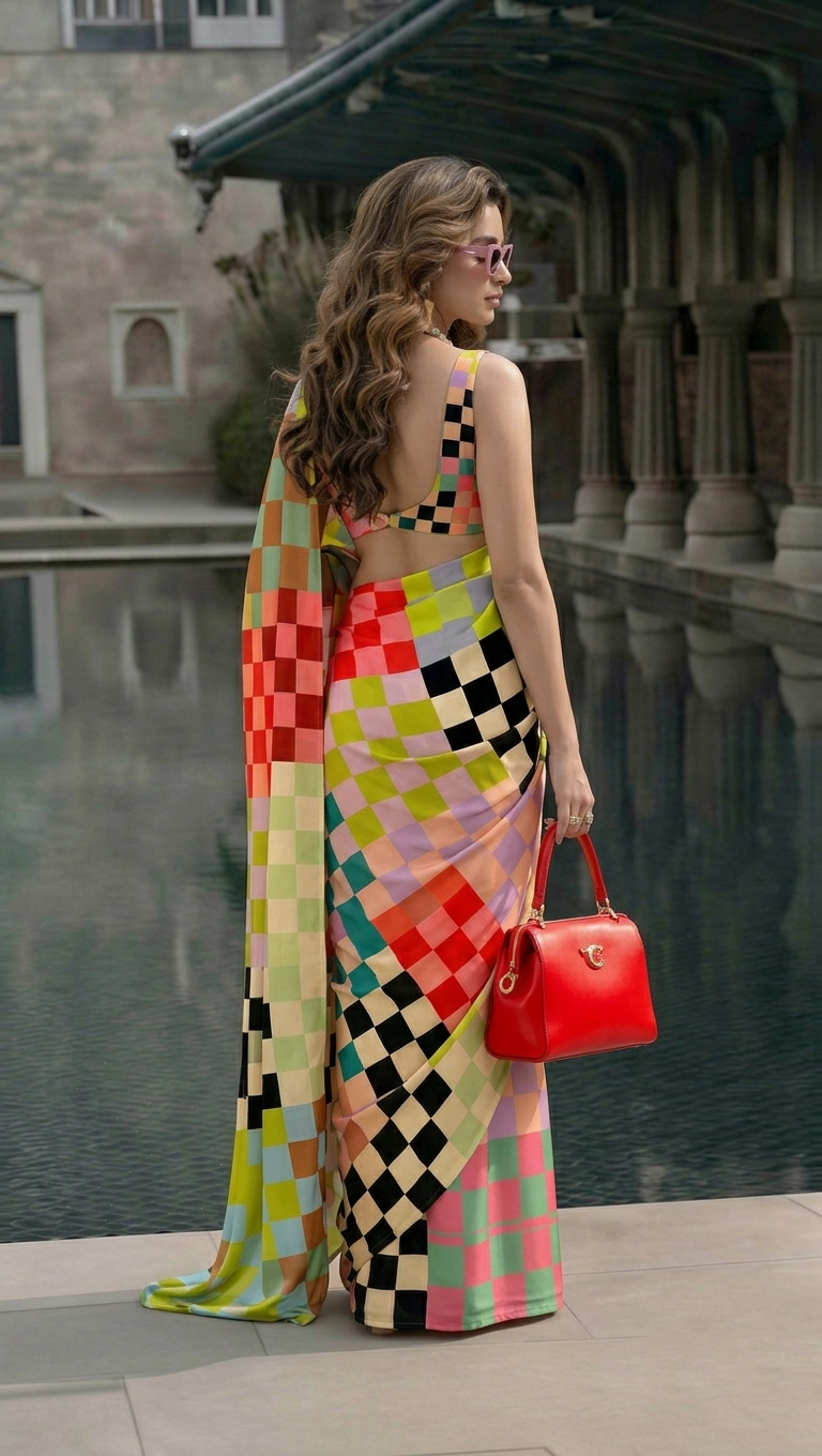 Multicolour Checkered Silk Blend Saree