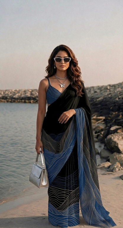 Midnight Blue Wave Print Silk Blend Saree
